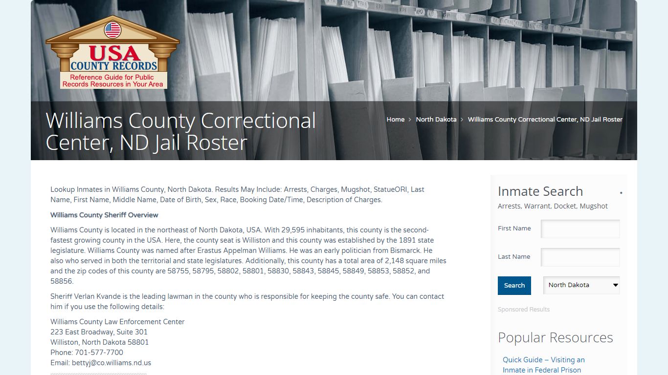 Williams County Correctional Center, ND Jail Roster
